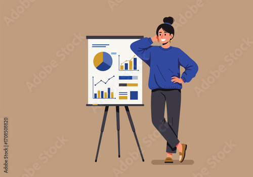 A confident woman in a blue sweater presents business data on a flip chart, showcasing pie charts and bar graphs, while leaning casually with a hand on her face in a vector illustration