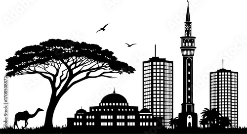Vector art of auckland skyline silhouette with sky tower and tree in black and white style