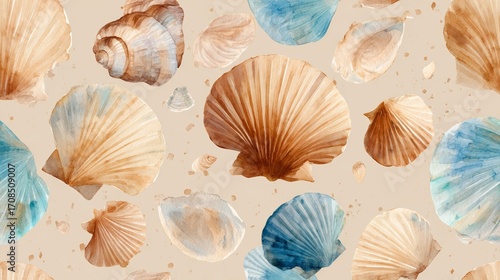 Watercolor Seashell Pattern:  Neutral Tones, Beachy Aesthetic, Summer Vibe, Seamless Design.