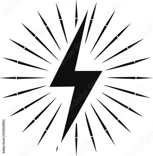 Electric lightning bolt with radiant sunburst rays icon, Power energy flash symbol with rays illustration, Energy flash logo with abstract rays design