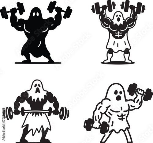 Silhouette illustrations of muscular Halloween ghosts performing various weightlifting or gym exercises