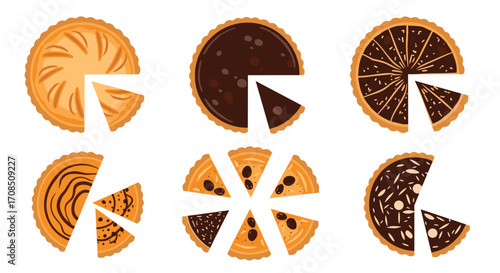 A collection of delicious pies and tarts with varying slices removed.