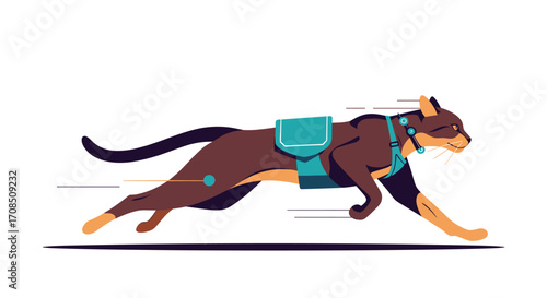 A sleek brown cat with a teal saddle runs at high speed.