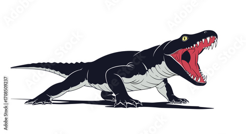 Fierce black dinosaur with open mouth and sharp teeth roaring.