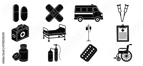 Medical Icon Set Black and White Vector Illustration of Healthcare Elements