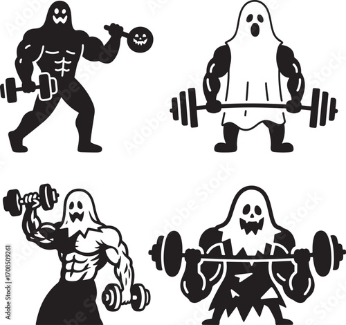 Silhouette illustrations of muscular Halloween ghosts performing various weightlifting or gym exercises