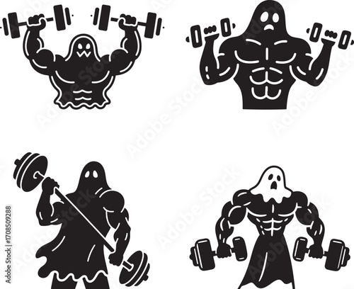 Silhouette illustrations of muscular Halloween ghosts performing various weightlifting or gym exercises