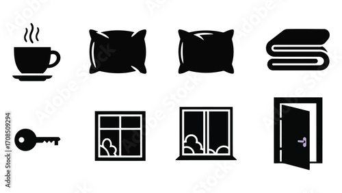Vector art of collection of black icons on a including a coffee cup, pillows, folded towels, a key, windows, and an open door