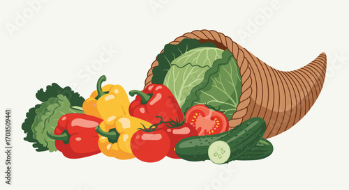 Abundant harvest of fresh vegetables from a cornucopia.