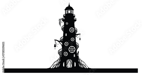 Vector art of steampunk lighthouse with gears and clockwork elements