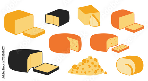 A variety of cheese wheels and blocks displayed on a white background.