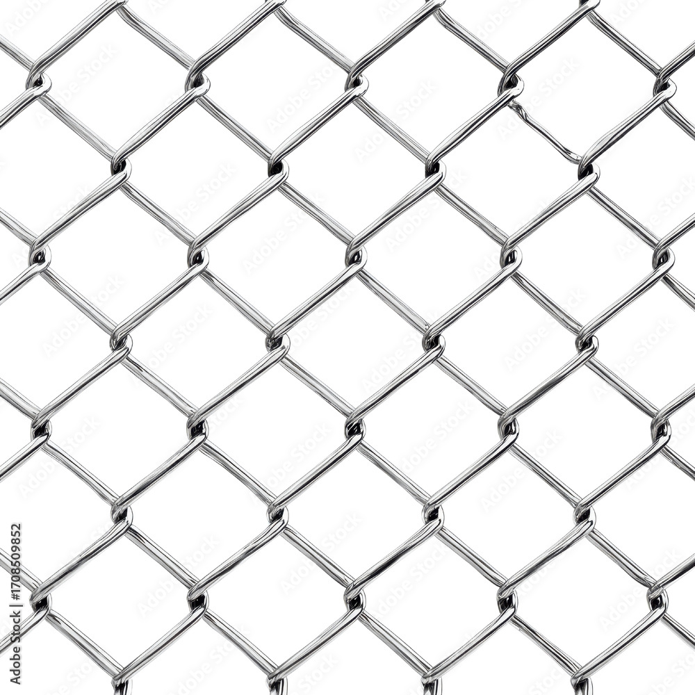 Fototapeta premium Silver Metal Chain Link Fence Texture With Diamond Pattern steel, Isolated On White, Png Transparent, Cut Out