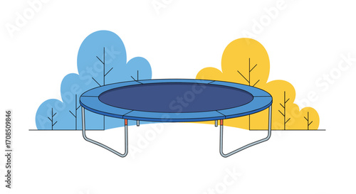 A blue trampoline sits in a grassy outdoor setting with colorful trees.