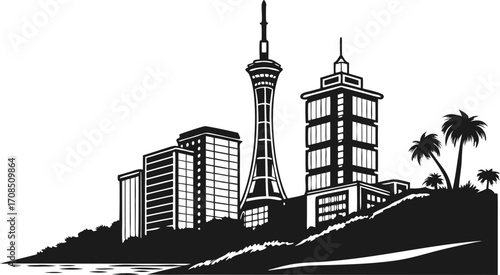 Vector art of silhouette of the auckland city skyline, featuring the iconic sky tower and waterfront