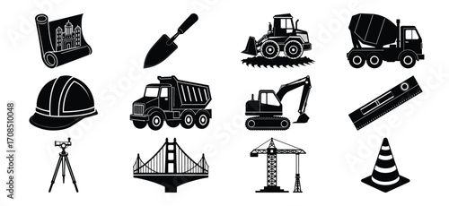 Construction and Engineering Icons Set in Black and White Silhouette Style