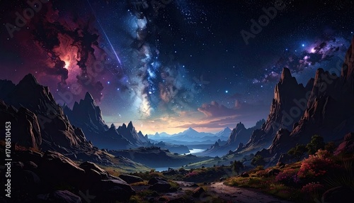 Voxel Landscape with Starry Night Sky and Mountains in Blue and Purple Tones