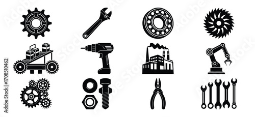 Industrial Black and White Icons Set Featuring Tools Machinery and Manufacturing Elements
