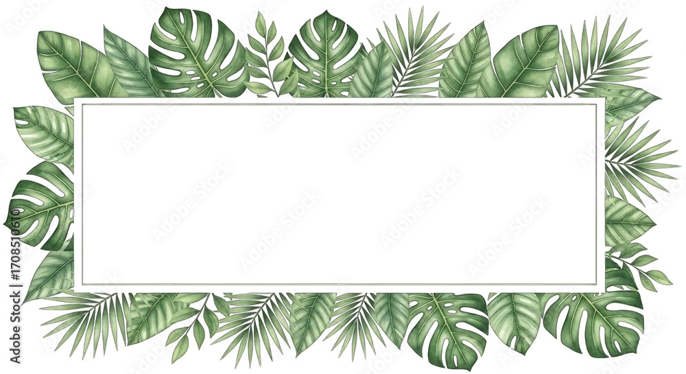 Fototapeta premium Tropical Leaves Border with Rectangular Black Space isolated on a transparent background