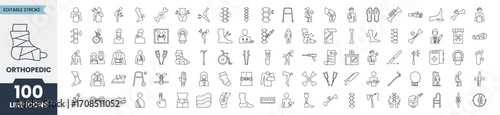 Orthopedic line icons set with editable stroke. A set of icons related to broken bones, calcium, injury and joints, x-ray, and more. Vector illustration