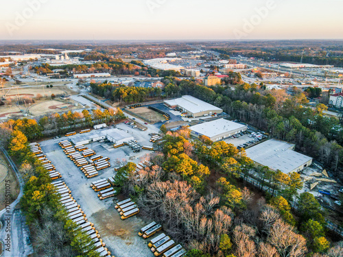 Aerial landscape school bus parking winter after Hurricane Helene Conyers Rockdale Georgia