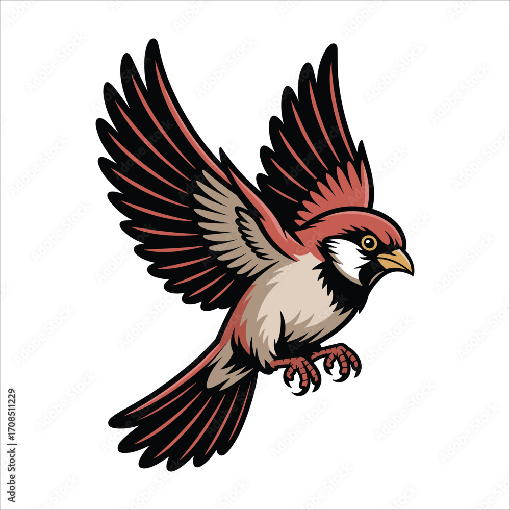 Obraz premium A detailed illustration of a sparrow in flight with outstretched wings and sharp talons