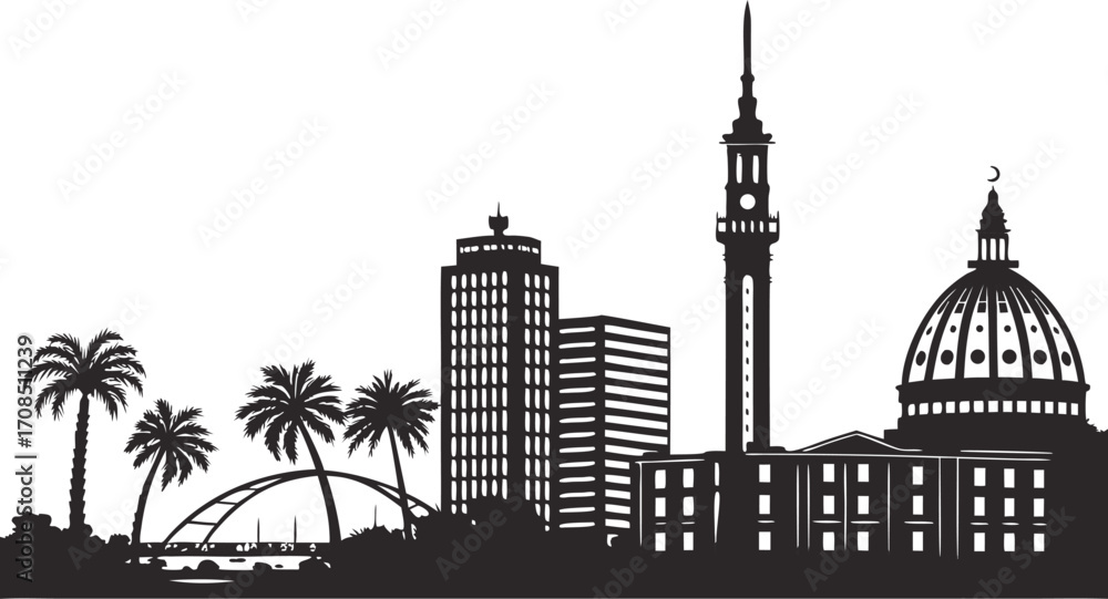 Fototapeta premium Vector art of silhouette of alexandria egypt skyline with palm trees vector illustration