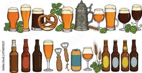 Detailed Oktoberfest vector illustration with beer glasses, bottles, cans, pretzel, bottle openers, hops, barley, and German beer stein