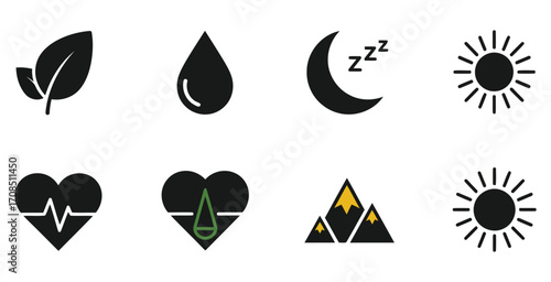 Vector art of collection of black icons representing nature, health, sleep, and mountains