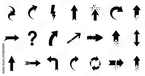 Vector art of assortment of black arrow icons and symbols with various styles and textures