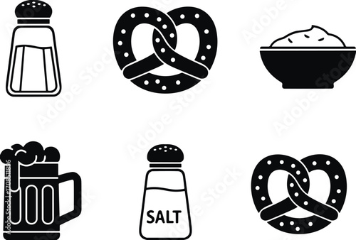 Minimalist Oktoberfest icon set with pretzels, beer mugs, salt shakers, and mustard bowl in black and white style