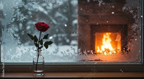 Rose by fireplace winter window