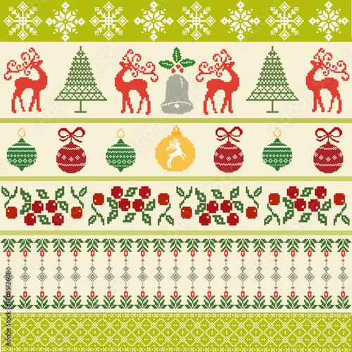 Seamless Cute Christmas Pixel Art Pattern with Reindeer, Trees, Bells, Snowflakes, Ornaments, Flowers, and Festive Decorative Borders