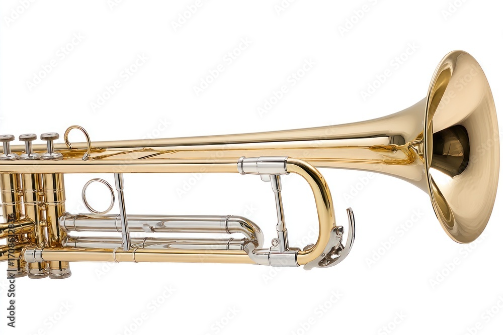 Obraz premium Brass trombone with a polished slide and bell, showcasing intricate details and reflections, positioned against a clean white background with copy space