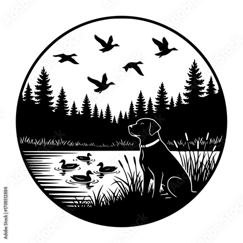 Hunting Dog by Lake with Ducks and Forest, Hunting SVG, Dog SVG, Duck Hunting SVG, Outdoor SVG
