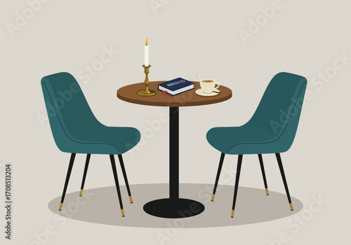 A cozy cafe setting with two teal chairs, a round wooden table, a candle, a book, and a cup of coffee, creating an inviting and intimate atmosphere in a vector illustration