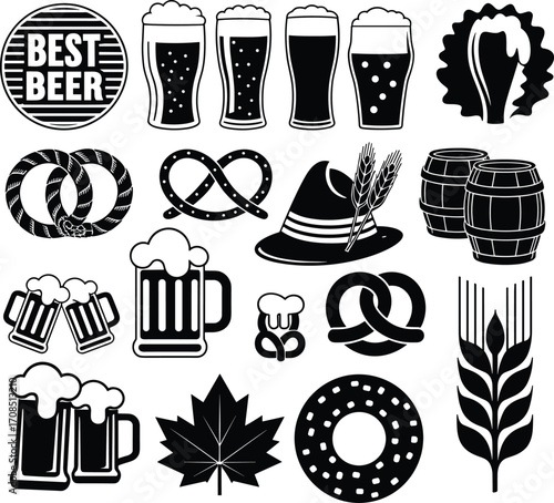 Oktoberfest beer vector set, beer mugs, pretzels, hats, barrels, hops, wheat, drinks, foam, craft beer, celebration icons