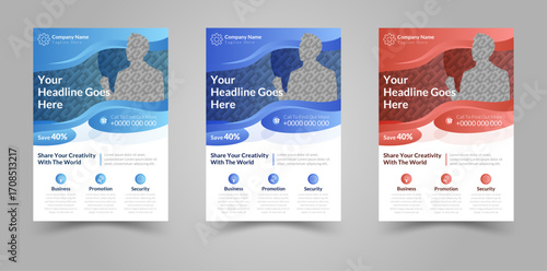 Modern corporate business flyer design template featuring a dynamic wavy layout and available in three color variations.