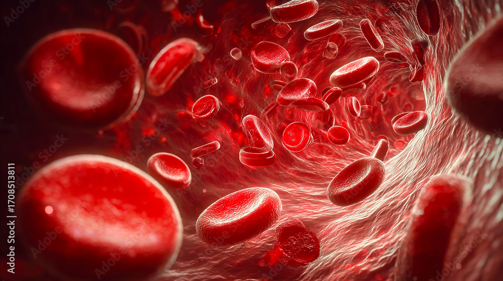 Fototapeta premium Close-up view of erythrocytes flowing through the circulatory system. Detailed scientific visualization of anatomy, biology and health processes. Perfect for use in medical articles, educational mater