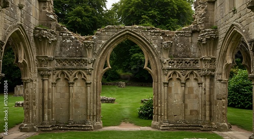 Ruined stone arches in garden setting
