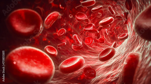 Close-up view of erythrocytes flowing through the circulatory system. Detailed scientific visualization of anatomy, biology and health processes. Perfect for use in medical articles, educational mater