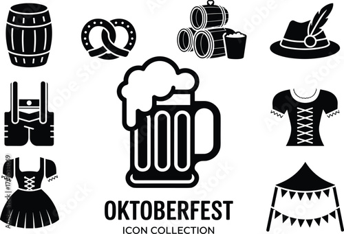 Oktoberfest black icons set with beer mug, pretzel, barrel, lederhosen, dirndl dress, hat with feather, beer barrels, festival tent vector