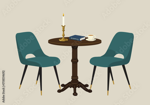 A cozy cafe setting with two teal chairs, a round wooden table, a candle, a book, and a cup of coffee, creating an inviting and intimate atmosphere in a vector illustration