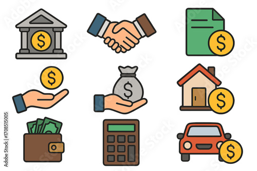 Banking loans icon set in flat design. Financial elements for business, credit, investment. Vector cartoon illustration of money, mortgage, car loan, payment, contract, handshake.
