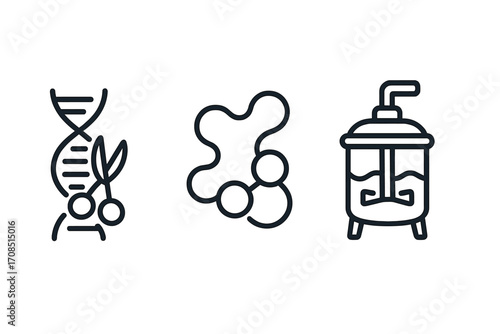 Biotechnology linear icons set. Gene editing, DNA modification with scissors, protein molecule structure, and bioreactor. Genetic engineering, bioprocess, science concepts.