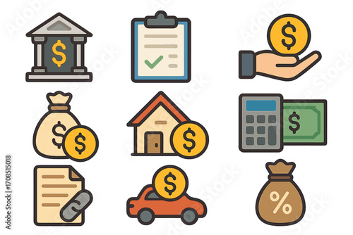 Banking and loans icon set for finance concepts. Vector collection of flat design symbols for mortgage, car loan, credit application, money savings, and investment business.
