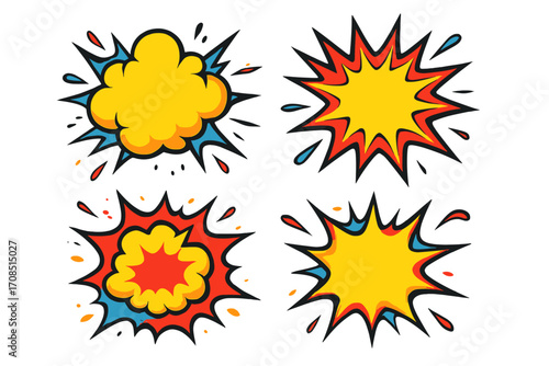 Comic explosions and bombs cartoon set. Pop art vector illustration with bomb and blast, bang and boom effects. Superhero motion burst, flash, splash, and fire.
