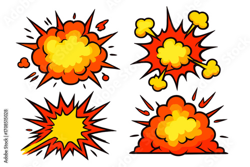 Set of comic book explosions. Cartoon bomb blast and fire flash. Pop art style bang, boom, and pow effects. Vector graphic design elements for dynamic action scenes.