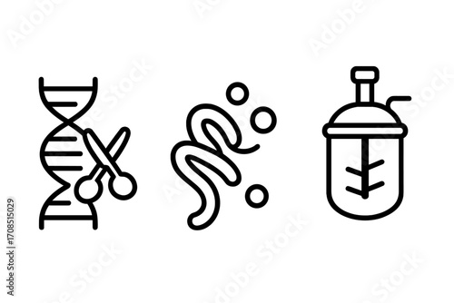 Biotechnology icon set with gene editing, DNA modification with scissors, protein synthesis, and bioreactor. Vector linear icons for science, research, and genetic engineering.