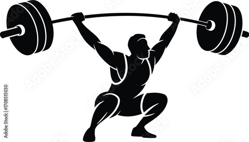 Weightlifter Performing a Clean and Jerk in Black and White Silhouette Design for Sports and Fitness