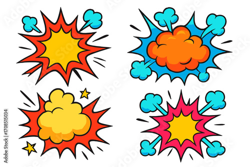 Set of cartoon explosions, comic book pow and bang effects. Pop art speech bubbles for text. Vector burst elements, boom flash, and funny bomb illustration collection.
